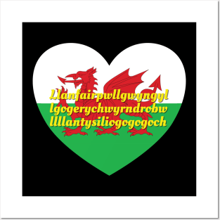 Llanfairpwllgwyngyllgogerychwyrndrobwllllantysiliogogogoch Wales UK Wales Flag Heart Posters and Art